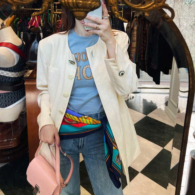 Dior Striped Pattern Logo Button Collarless Jacket #L Ivory in White Wool from VINTAGE QOO TOKYO