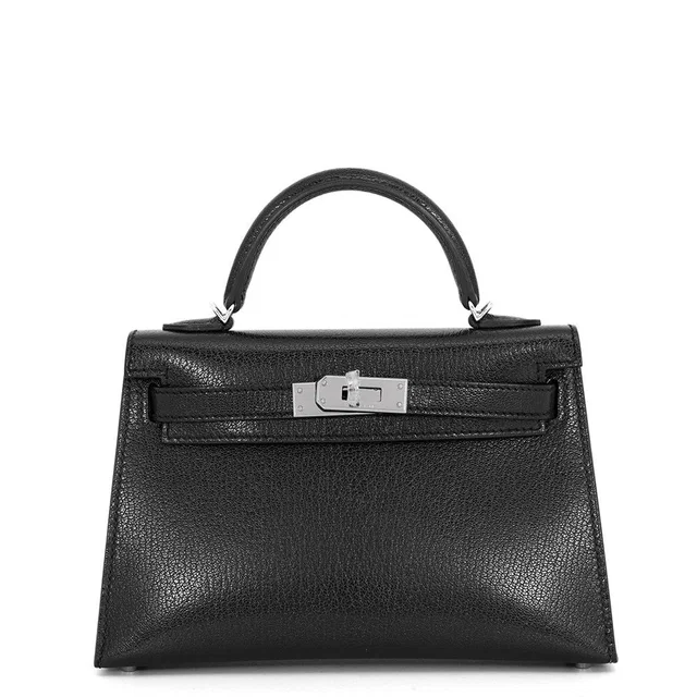 Hermès Handbag Mini Kelly 2 Sellier Black Silver Chevre Chamkila 2-Way Bag in Black Goatskin from The Reluxe