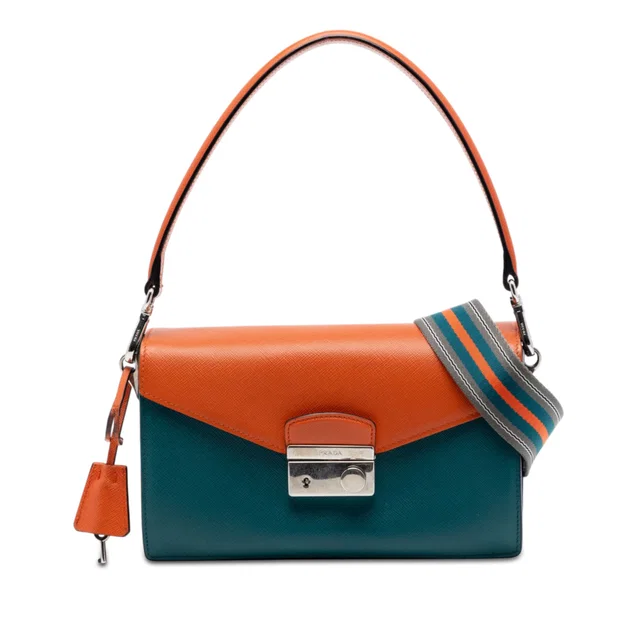 Blue Prada Bicolor Saffiano Lux Sound Lock Satchel in Blue Saffiano leather from Designer Revival