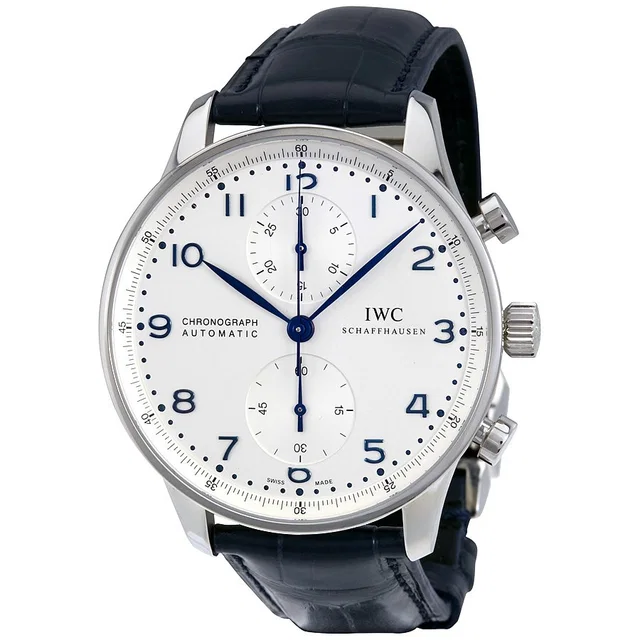 IWC Portuguese Chronograph White Dial Mens Watch IW371446 in silver|blue|gray|white Crocodile from Jomashop.com