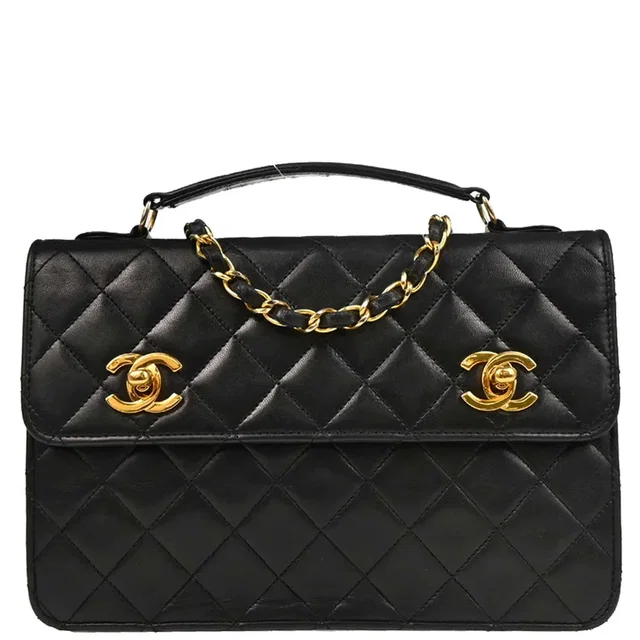 Chanel 1989-1991 Black Lambskin Double Turnlock Shoulder Bag in Black Lambskin from AMORE Vintage Tokyo
