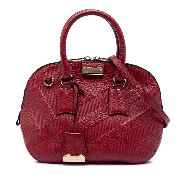 Red Burberry Small Heritage Grain Check Embossed Leather Orchard Bowling Bag Satchel in Red Leather from Designer Revival