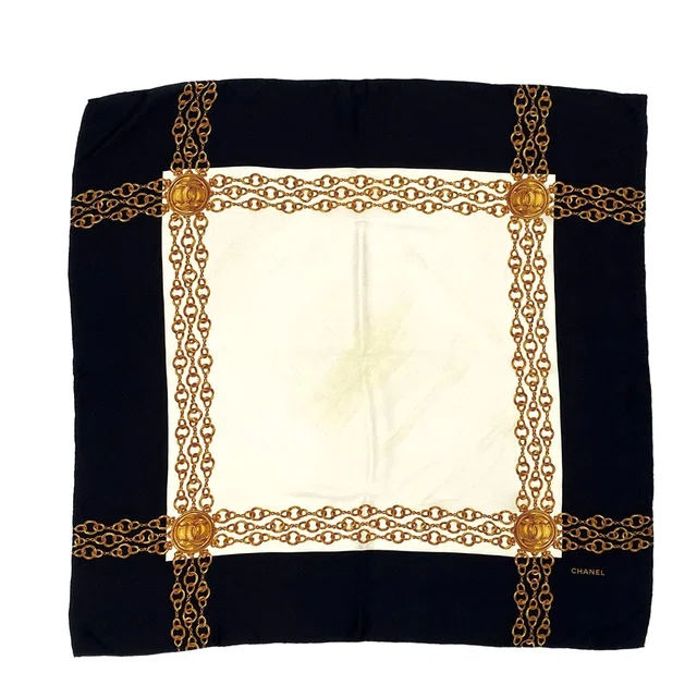 Chanel Vintage Scarf Cocomark Chain Motif Black Beige Silk 90314745 in Black Silk from Luxury Promise