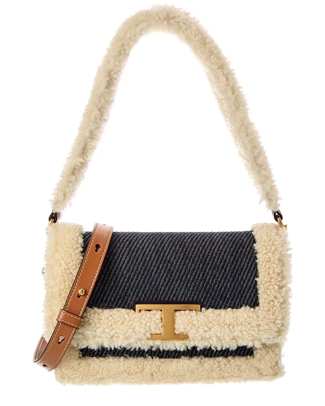 TOD's TODs T Timeless Denim & Shearling Shoulder Bag, image 1 of 1 from Rue La La