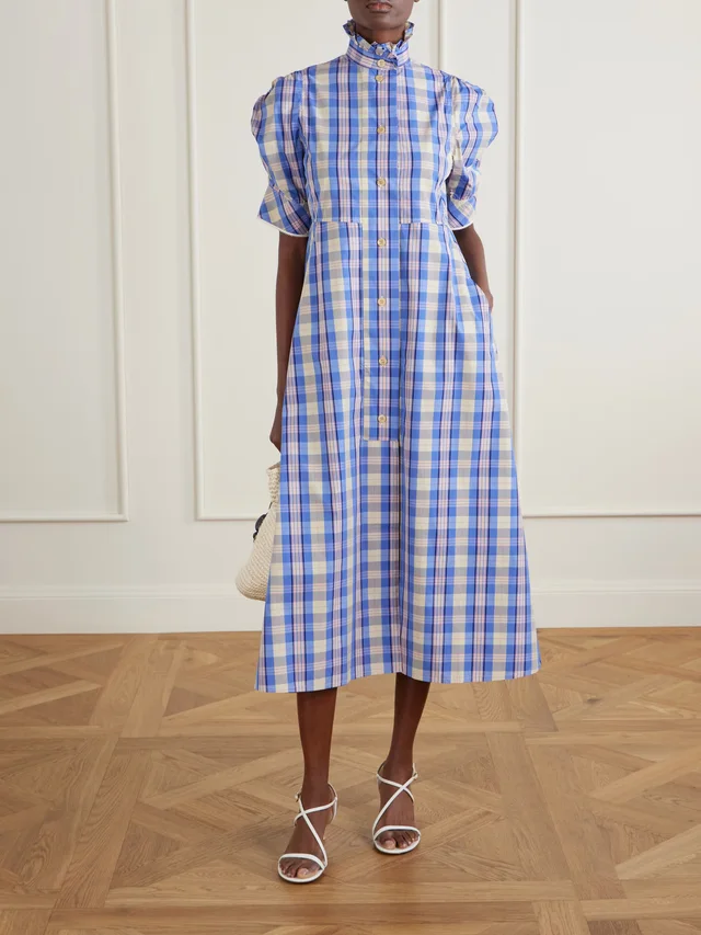 THIERRY COLSON Venetia ruffled checked cotton-blend midi dress in Blue, photo 2 of 2 from NET-A-PORTER (Canada)
