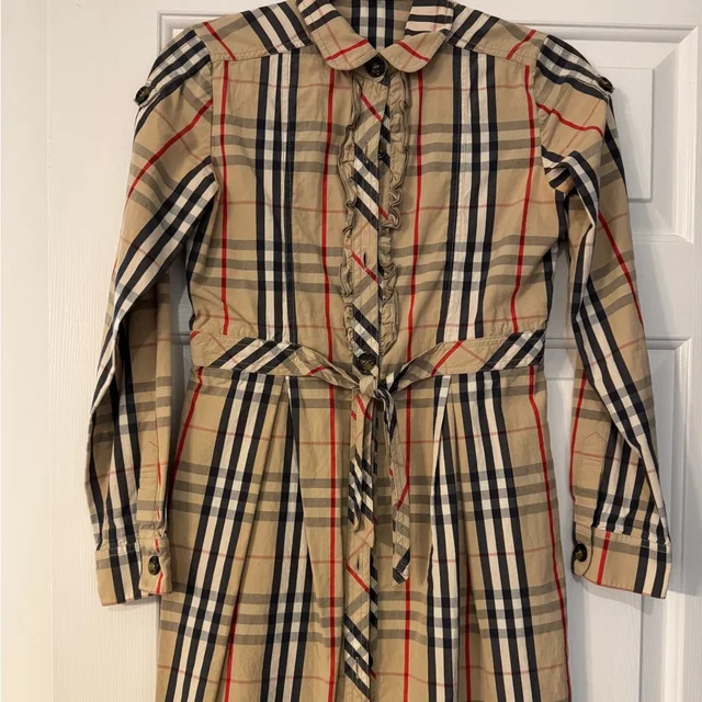 Burberry Tan Plaid Long-Sleeve Dress With Tie Waist in black|brown|neutral from Poshmark