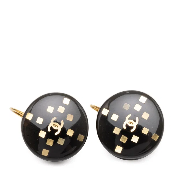 Chanel CC Resin and Gold Plated Round Lever Backs Earrings in Black Resin from Designer Revival