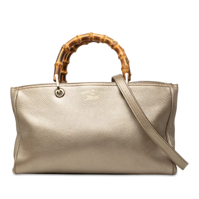 Gold Gucci Medium Calfskin Bamboo Shopper Satchel in Gold Calfskin from Designer Revival