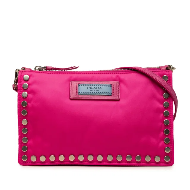Pink Prada Tessuto Studded Etiquette Shoulder Bag in Pink Nylon from Designer Revival