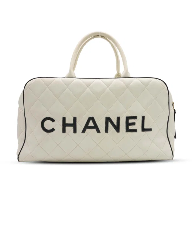 Vintage Bowler Bag White with Black Chanel Logo in Black Calfskin from Luxury Promise