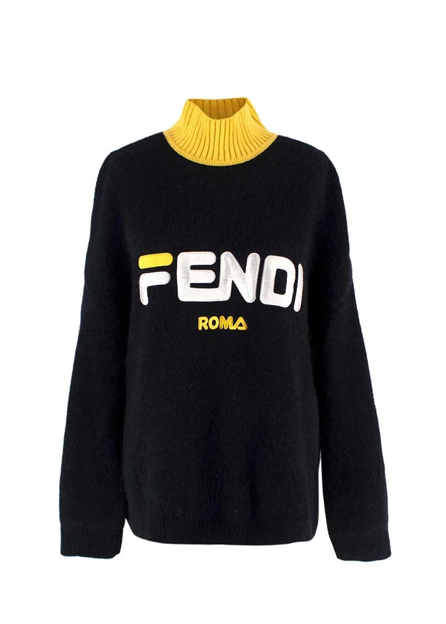 Fendi X Fila Black And Yellow Funnel Neck Knit Jumper in Black from HEWI