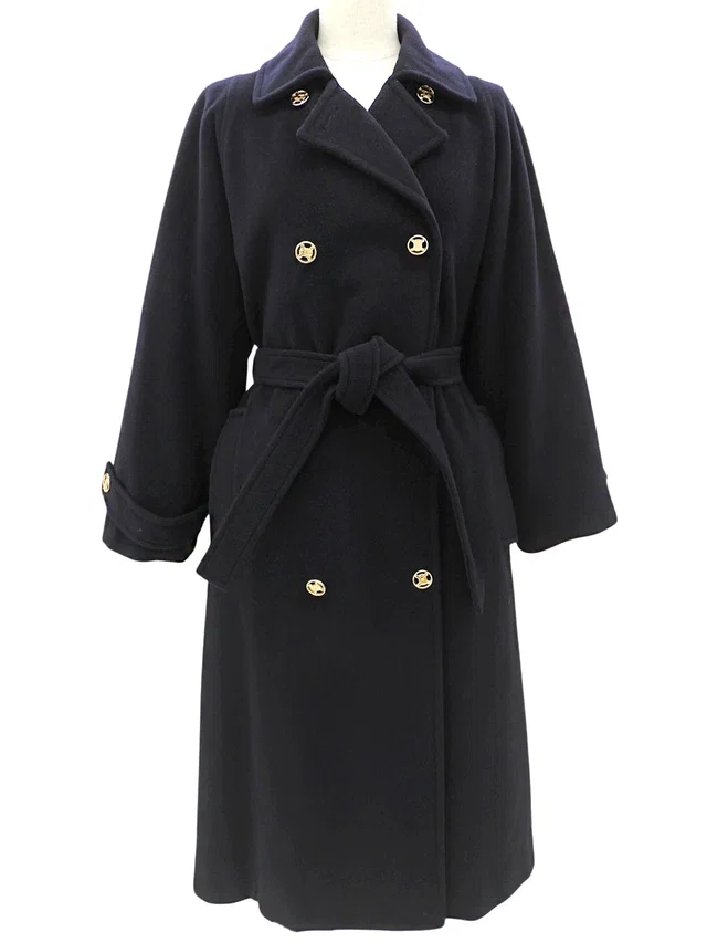 Celine Macadam Button Double Breasted Long Coat Navy in Navy from VINTAGE QOO TOKYO