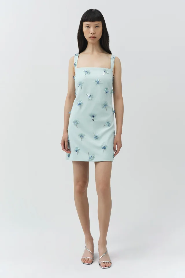 SIMKHAI Ella Embellished Crepe Mini Dress in Sky, photo 2 of 6 from SIMKHAI