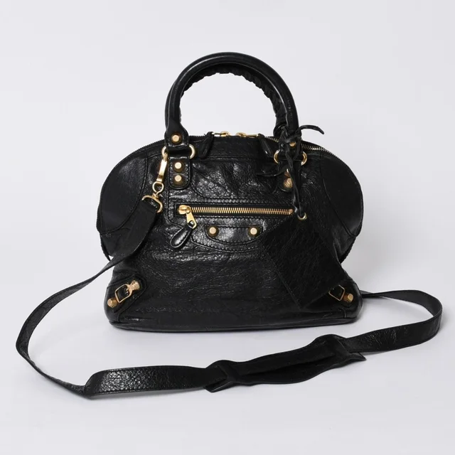 Balenciaga Classic Bowling Bag 2-Way Navy Gold in Navy Leather from The Reluxe
