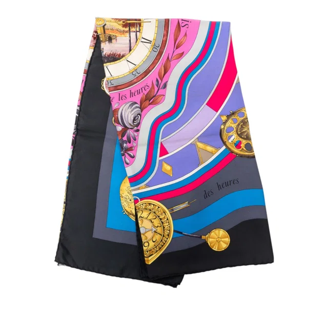 Black Hermès La Ronde des Heures Silk Scarf 90 Scarves in Black Silk from Designer Revival