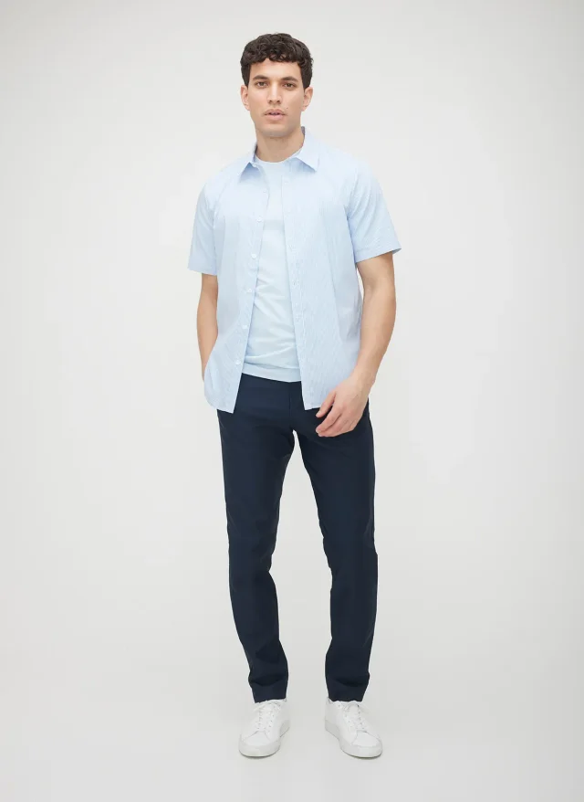 Kit and Ace Acadia Short Sleeve Poplin Shirt in Bright White/Cool Blue Stripe PopTec, photo 3 of 7 from Kit and Ace