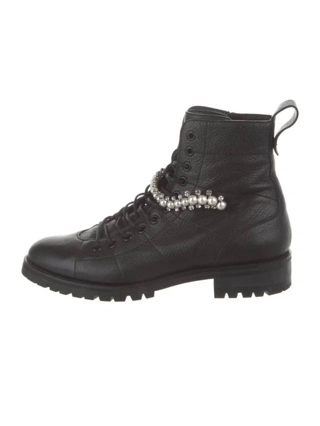 Jimmy Choo Black Leather Lace-Up Ankle Boot With Pearl Chain in gray|silver|black Leather from Poshmark
