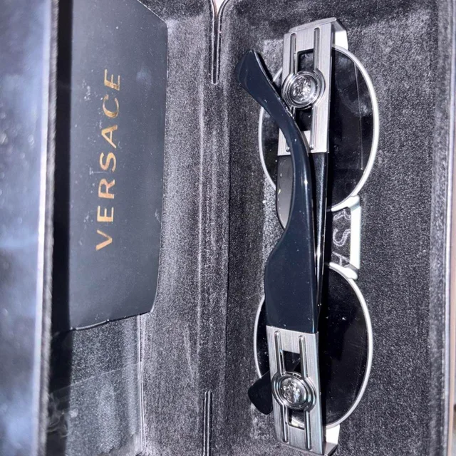 Versace Women's Square Sunglasses - Silver/Grey in silver|gray from Depop, photo 3 of 3