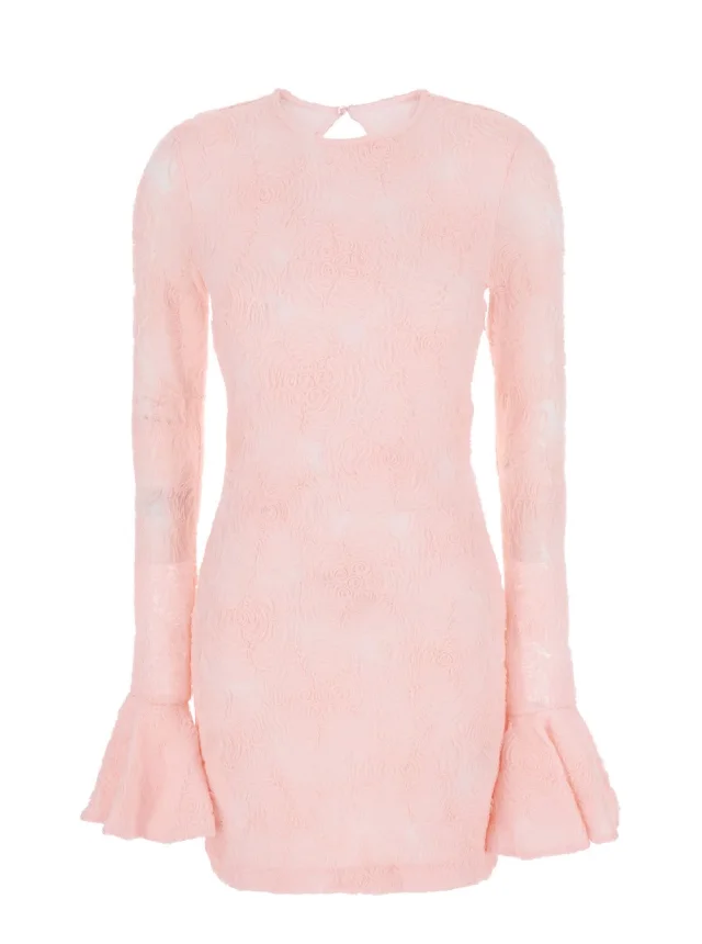 Dress with Drop Neckline on the Back and All-Over Embroidered Floral Motif in Pink Fabric for Women in Pink, image 1 of 1 from Gaudenzi Boutique