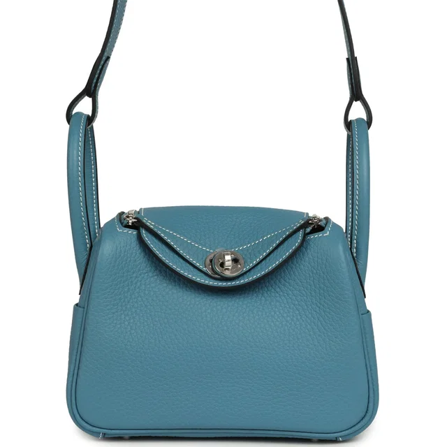 Hermès Mini Lindy II Blue Jean Clemence Palladium Hardware in Blue Clemence leather from Madison Avenue Couture