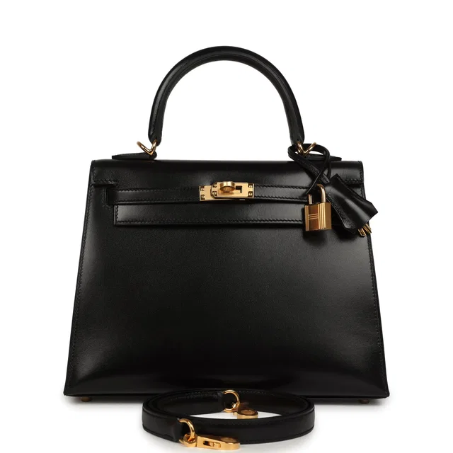 Hermès Kelly Sellier 25 Black Box Gold Hardware in Black Calfskin from Madison Avenue Couture