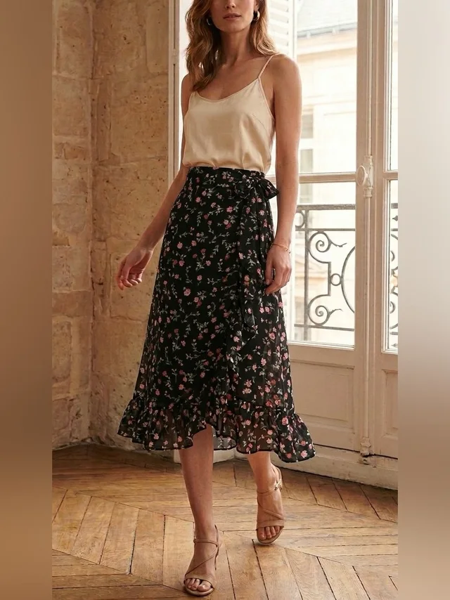 GANNI Black Floral Wrap Midi Skirt With Pink Floral Print 100% Viscose in pink|black from Poshmark
