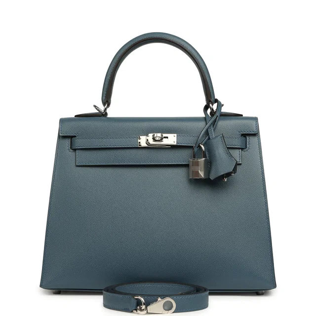 Hermès Kelly Sellier 25 Bleu Tempette Madame Palladium Hardware in Blue Goatskin from Madison Avenue Couture
