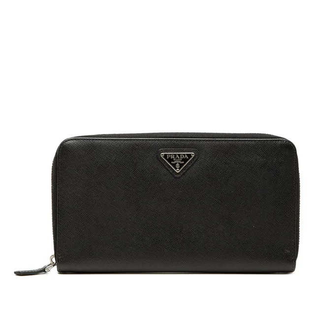 Black Prada Saffiano Zip Around Travel Wallet Long Wallets in Black Saffiano leather from Designer Revival