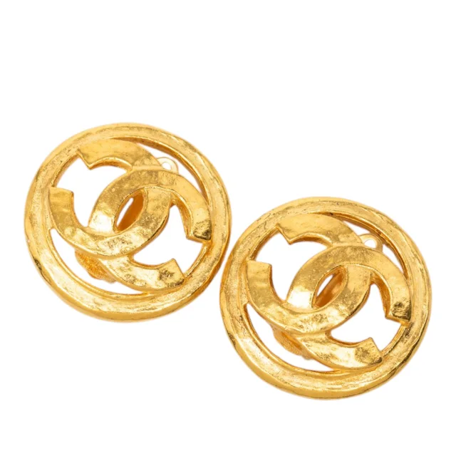 Gold Chanel CC Gold Plated Round Clip on Earrings in Gold from Designer Revival