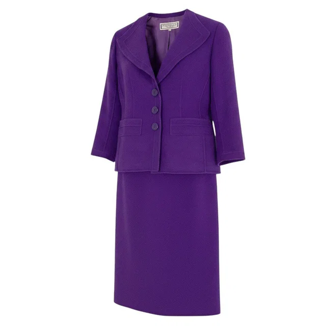 Saint Laurent Set Skirt Suit Tailored Jacket Knee Length Wool Blend M Purple in Purple Wool from The Reluxe