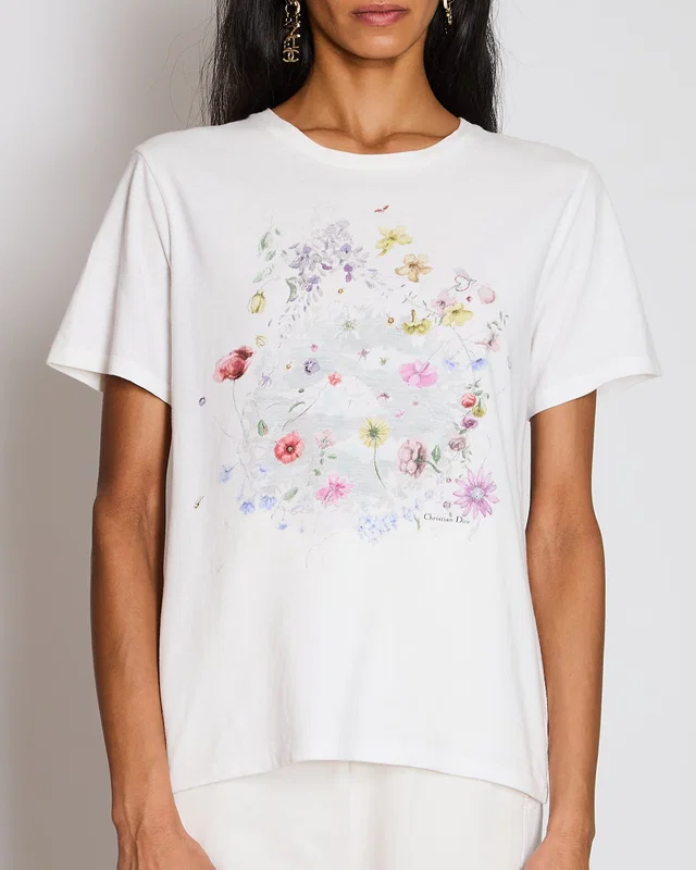Dior White Floral Print Logo T-Shirt Size FR 38 (UK 10) in White from Sellier