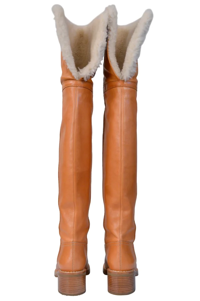 Celine By Hedi Slimane Natural Leather And Shearling Thigh High Boots 2020 in Beige Leather from Resurrection Vintage, photo 6 of 6