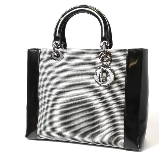 Lady Dior Canvas Patent Handbag Black Gray in Black Patent leather from The Reluxe