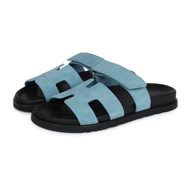 Hermès Chypre Techno Sandals Bleu Mineral Suede Palladium Hardware 37 EU in Blue Suede from Madison Avenue Couture