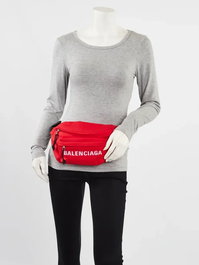 Balenciaga Red Recycled Nylon Logo Embroidered Wheel Belt Bag in Red Nylon from Yoogis, photo 3 of 13