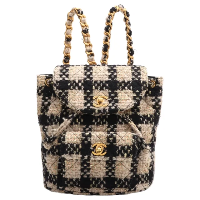 Circa 1992 Chanel Tweed CC Turnlock Backpack Black/Beige/Gold in Black Tweed from VINTAGE QOO TOKYO