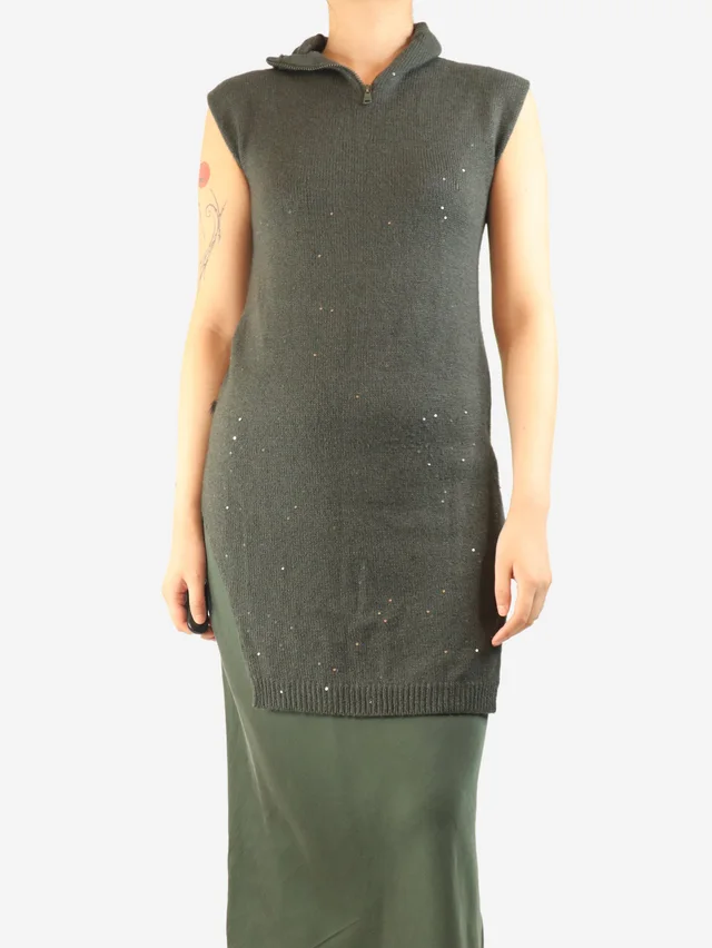 Brunello Cucinelli Dark green sleeveless sequin turtleneck knit top - size S in Green Silk from Sign of the Times