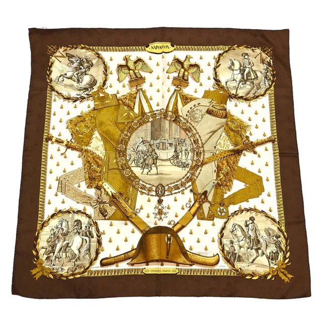 Hermès Scarf Carre 90 Napoleon Brown Small Good in Brown Silk from AMORE Vintage Tokyo