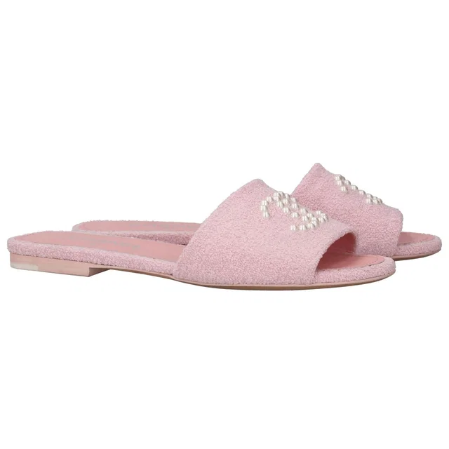 Chanel Pink Tweed Pearl CC Mules in Pink Tweed from HEWI