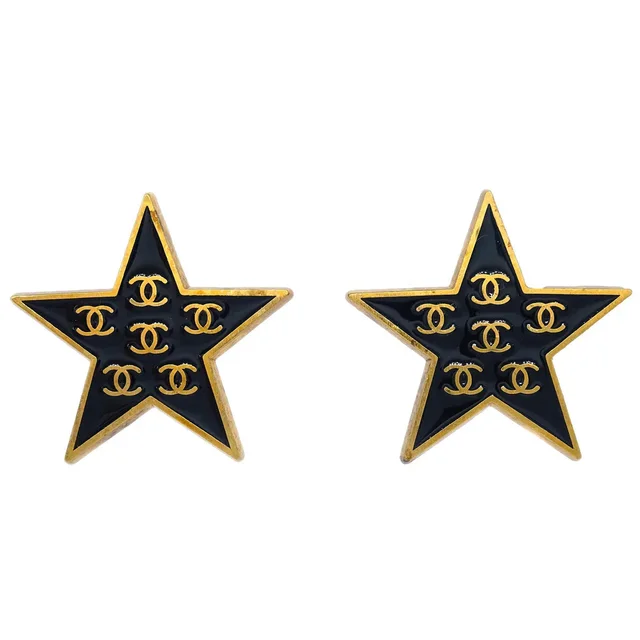 Chanel Star Earrings Clip-On Black 01P in Black from AMORE Vintage Tokyo