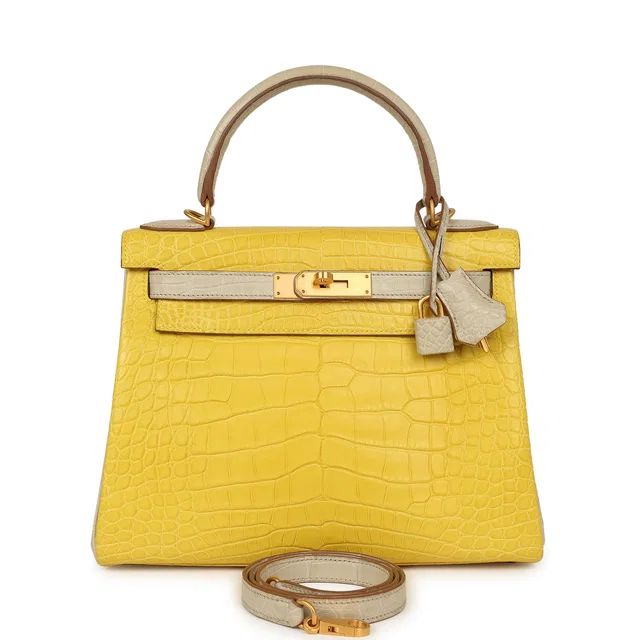 Hermès Special Order (HSS) Kelly Retourne 28 Mimosa, Beton Matte Alligator Brushed Gold Hardware in Crocodile from Madison Avenue Couture