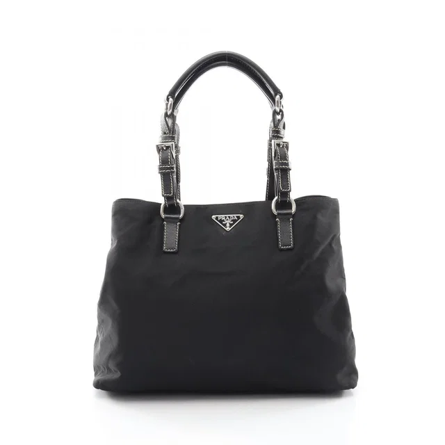 Prada Tote Bag Triangle Logo Black Nylon Saffiano Leather in Black Saffiano leather from The Reluxe
