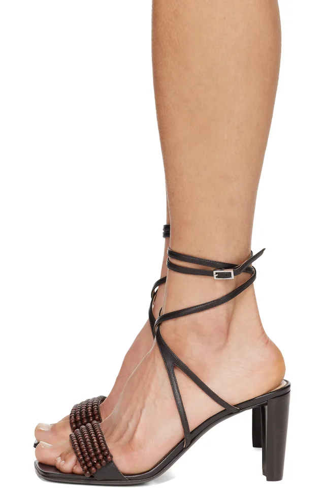 LEMAIRE Brown Beads Cross 80MM Heeled Sandals, photo 3 of 5 from SSENSE
