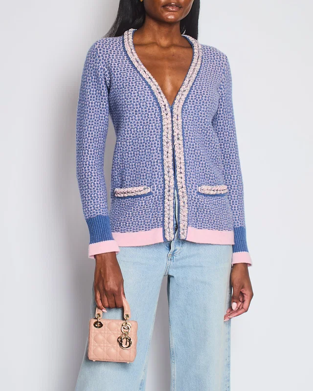 Chanel 11/C Blue and Pink Cashmere Knitted Cardigan with Braided Trim Detail Size FR 36 (UK 8) in Blue Cashmere from Sellier