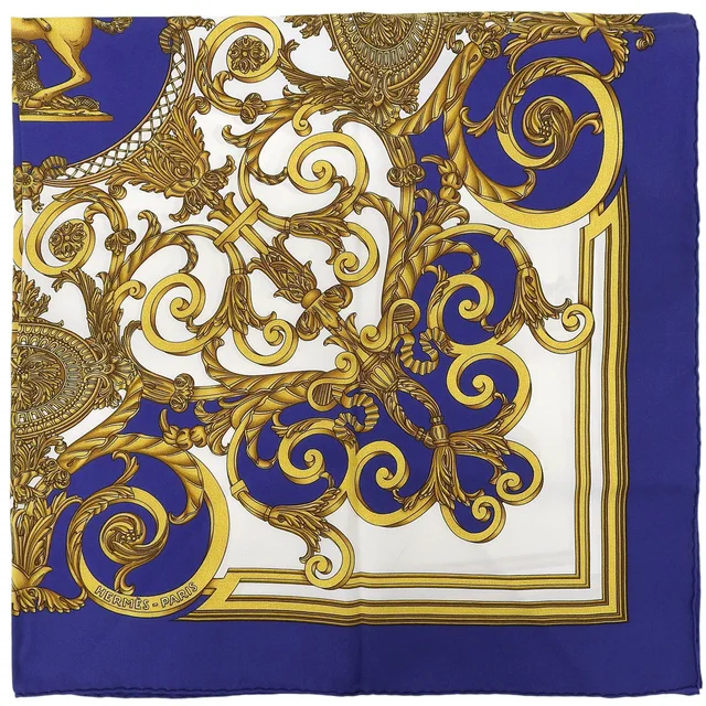Hermès Carré 90 Les Tuileries Scarf Navy/White/Gold in White Silk from VINTAGE QOO TOKYO