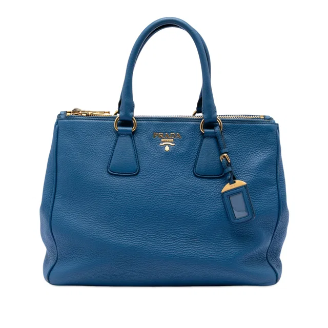 Blue Prada Vitello Daino Double Zip Convertible Tote Satchel in Blue Leather from Designer Revival