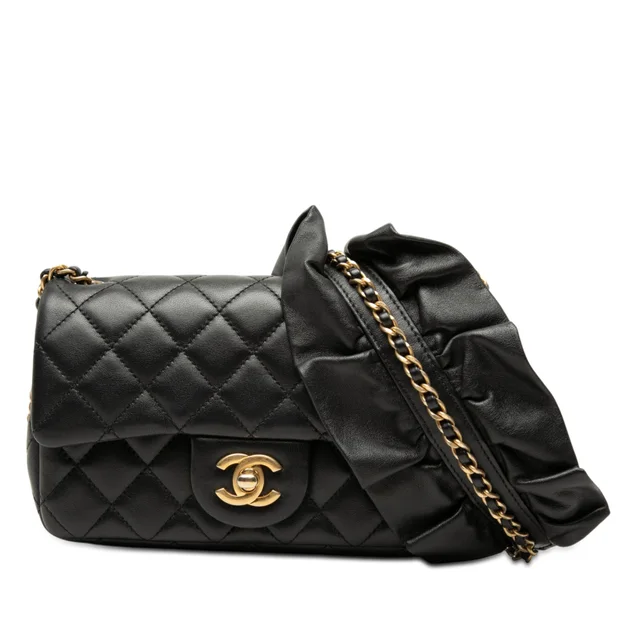 Black Chanel Mini Rectangular Classic Lambskin Romance Single Flap Crossbody Bag in Black Lambskin from Designer Revival