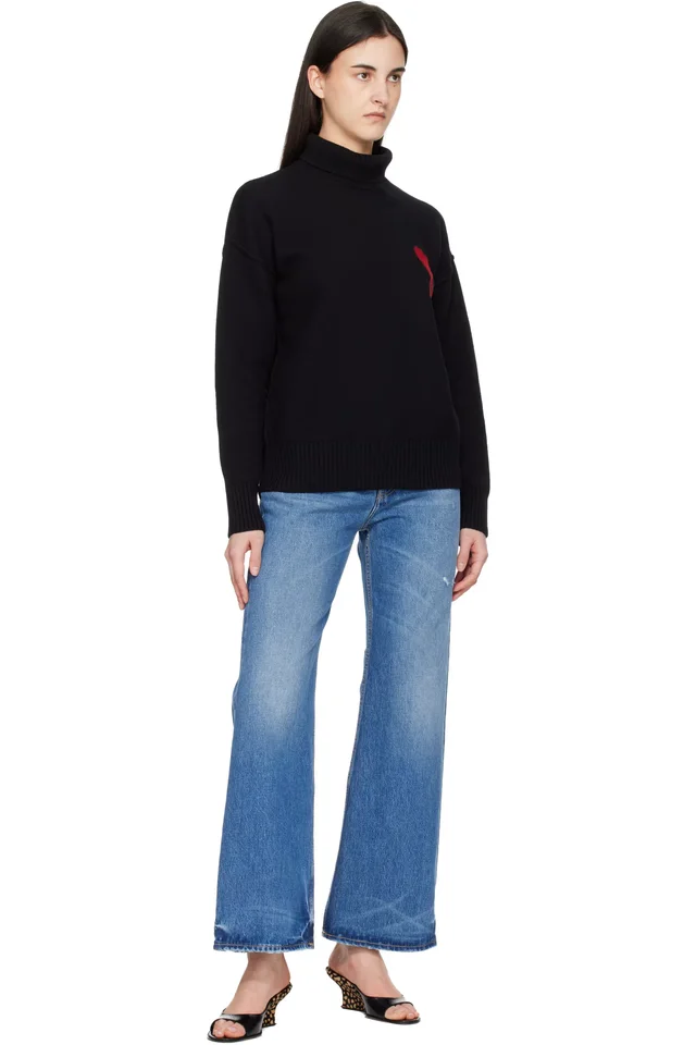 AMI Paris Black Contrast Ami de Coeur Funnel Neck Sweater, photo 4 of 4 from SSENSE