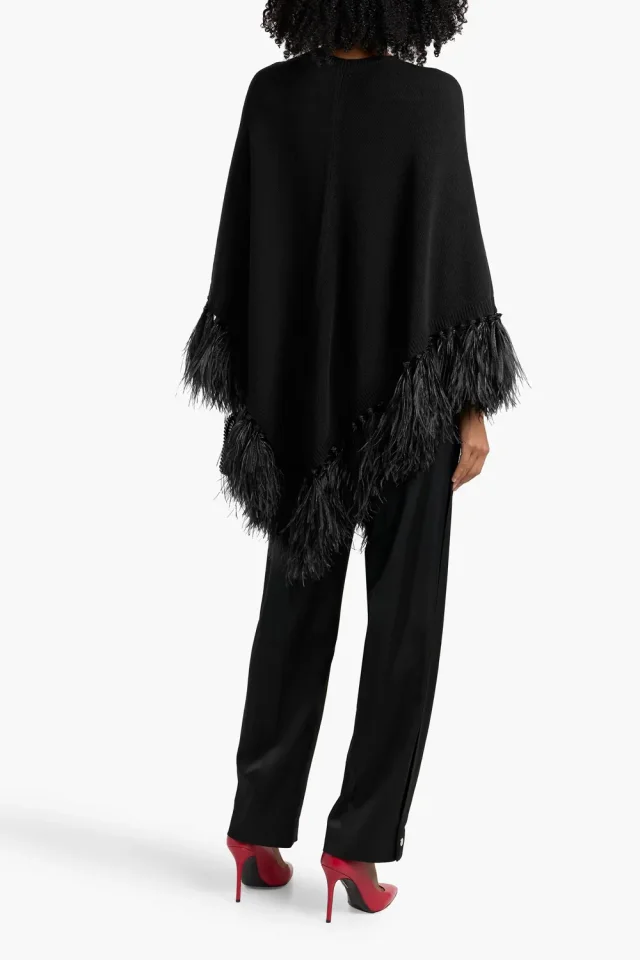 Valentino Garavani Feather-Trimmed Wool and Cashmere-Blend Poncho in Black, photo 7 of 8 from THE OUTNET