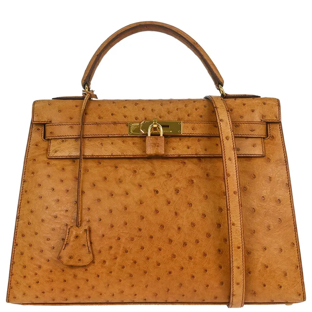 Hermès Chestnut Ostrich Kelly 32 Sellier 2way Shoulder Handbag in Ostrich from AMORE Vintage Tokyo